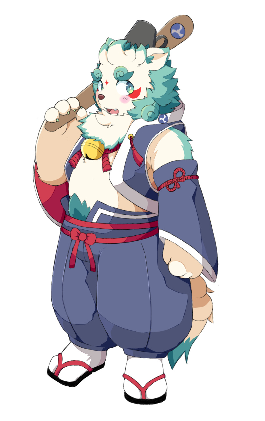 agyou anthro asian_mythology blush clothing east_asian_mythology eating foo_dog fur headgear headwear hi_res japanese_mythology komainu lifewonders male mammal mythology overweight reikou_u slightly_chubby solo takoyaki tokyo_afterschool_summoners video_games white_body white_fur yōkai