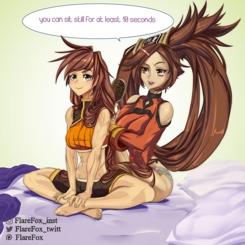 2girls abs absurdres arc_system_works bed brown_hair dnf_duel dungeon_and_fighter fighter_(dungeon_and_fighter) fighting flarefox guilty_gear highres kuradoberi_jam long_hair multiple_girls muscular muscular_female original smile striker_(dungeon_and_fighter)