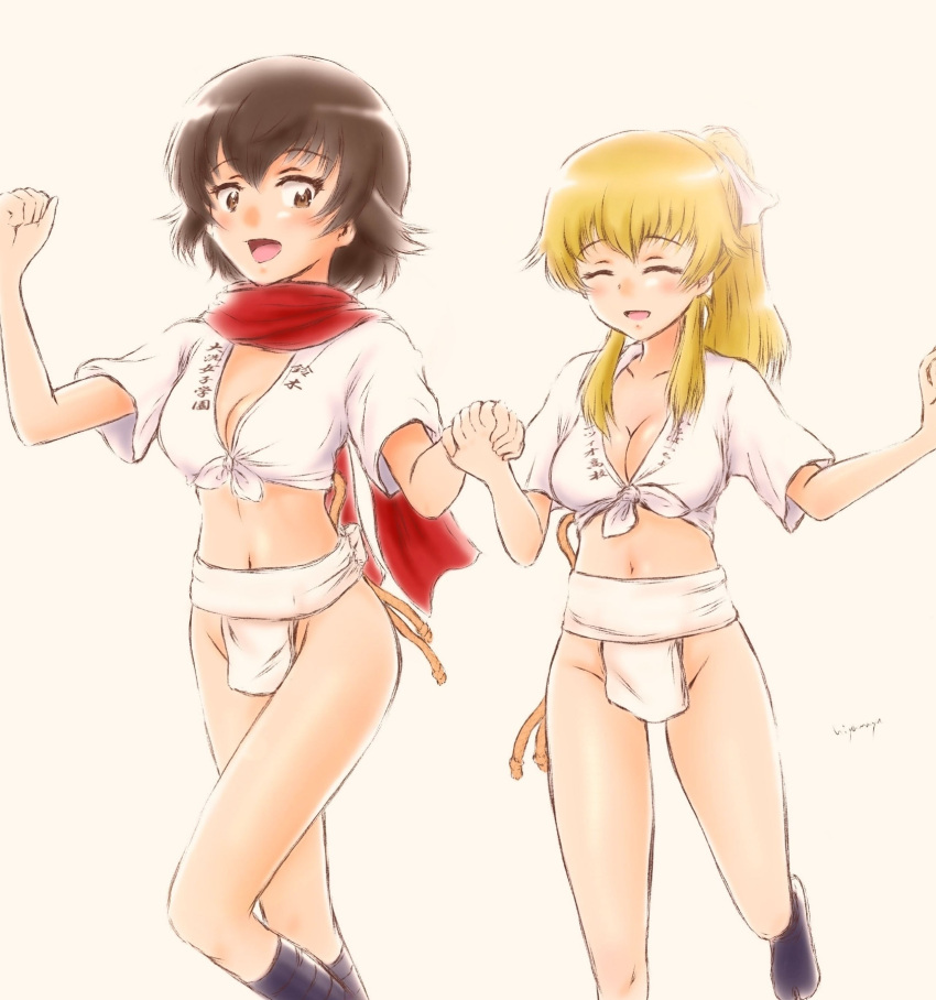 2girls blonde_hair blush breasts brown_hair caesar_(girls_und_panzer) carpaccio_(girls_und_panzer) cleavage closed_eyes fundoshi girls_und_panzer groin hair_ornament hair_ribbon highres hiyama_yuu_(wee259hiyama) holding_hands japanese_clothes large_breasts looking_at_another midriff multiple_girls navel open_mouth ponytail red_scarf ribbon scarf shiny shiny_skin short_hair simple_background smile yellow_background yuri