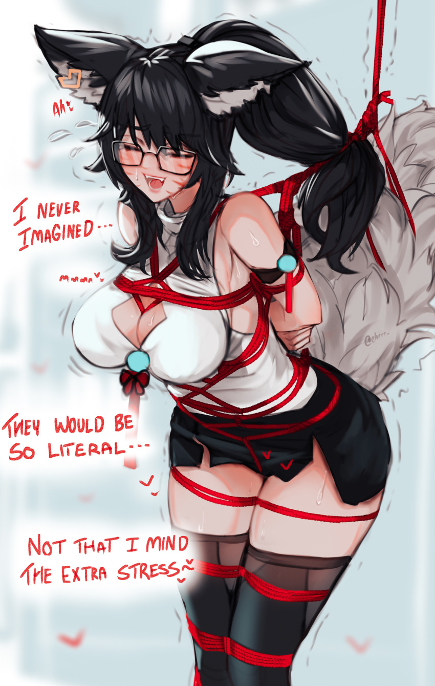 1girl :d absurdres ahri_(league_of_legends) animal_ear_fluff animal_ears arms_behind_back bare_shoulders bdsm black_hair black_legwear black_skirt bondage bound box_tie breast_bondage breasts cleavage_cutout closed_eyes clothing_cutout commentary_request ehrrr english_commentary english_text facial_mark fox_ears fox_girl fox_tail glasses highres large_breasts league_of_legends leaning_forward long_hair office_lady open_mouth pencil_skirt rope shibari shirt skirt sleeveless sleeveless_shirt smile solo tail thighhighs trembling whisker_markings white_shirt