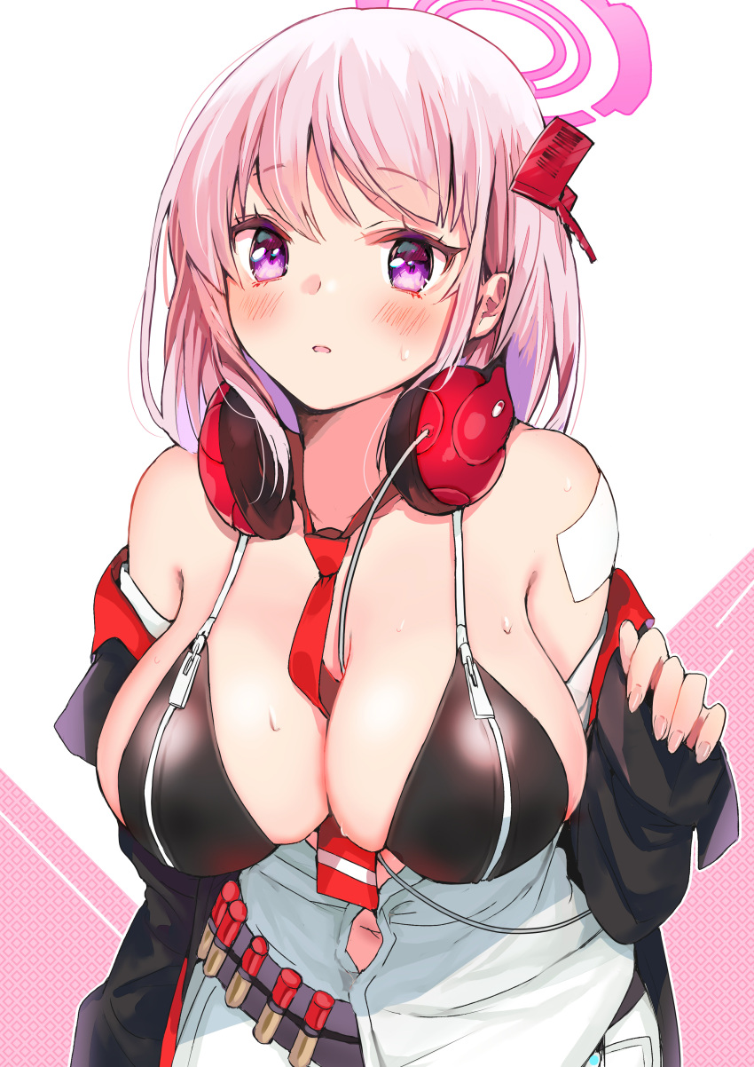 1girl absurdres bangs between_breasts bikini blue_archive blush breasts eimi_(blue_archive) eyebrows_visible_through_hair hair_ornament halo headphones headphones_around_neck highres large_breasts long_hair navel necktie necktie_between_breasts off_shoulder open_clothes open_mouth open_shirt pink_eyes pink_hair red_necktie shirt simple_background solo sweat swimsuit tomozero two-tone_background upper_body white_shirt zipper