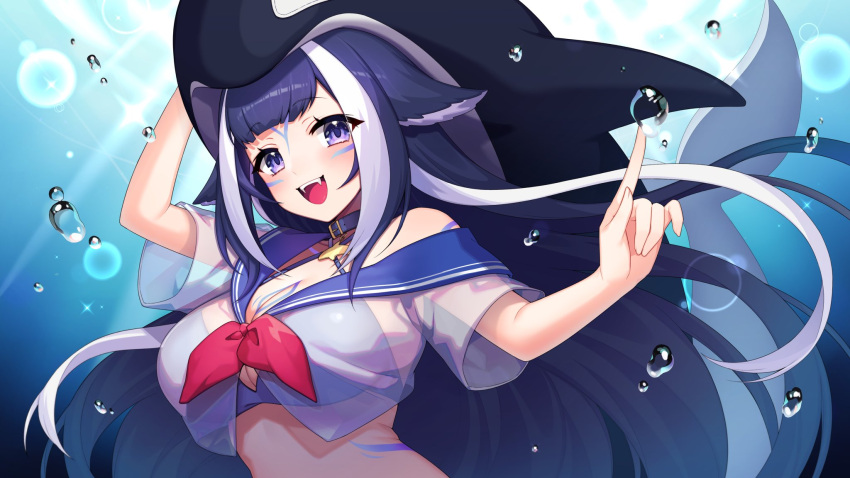 1girl blue_bra blue_eyes blue_hair bra breasts bubble cleavage collar fangs highres indie_virtual_youtuber kinsenka_momi large_breasts long_hair ocean open_mouth orca orca_girl orca_hood see-through see-through_shirt sharp_teeth shirt shylily smile solo tail teeth transparent underwater underwear virtual_youtuber water wet wet_clothes wet_shirt whale whale_girl whale_hat whale_tail_(animal_tail)