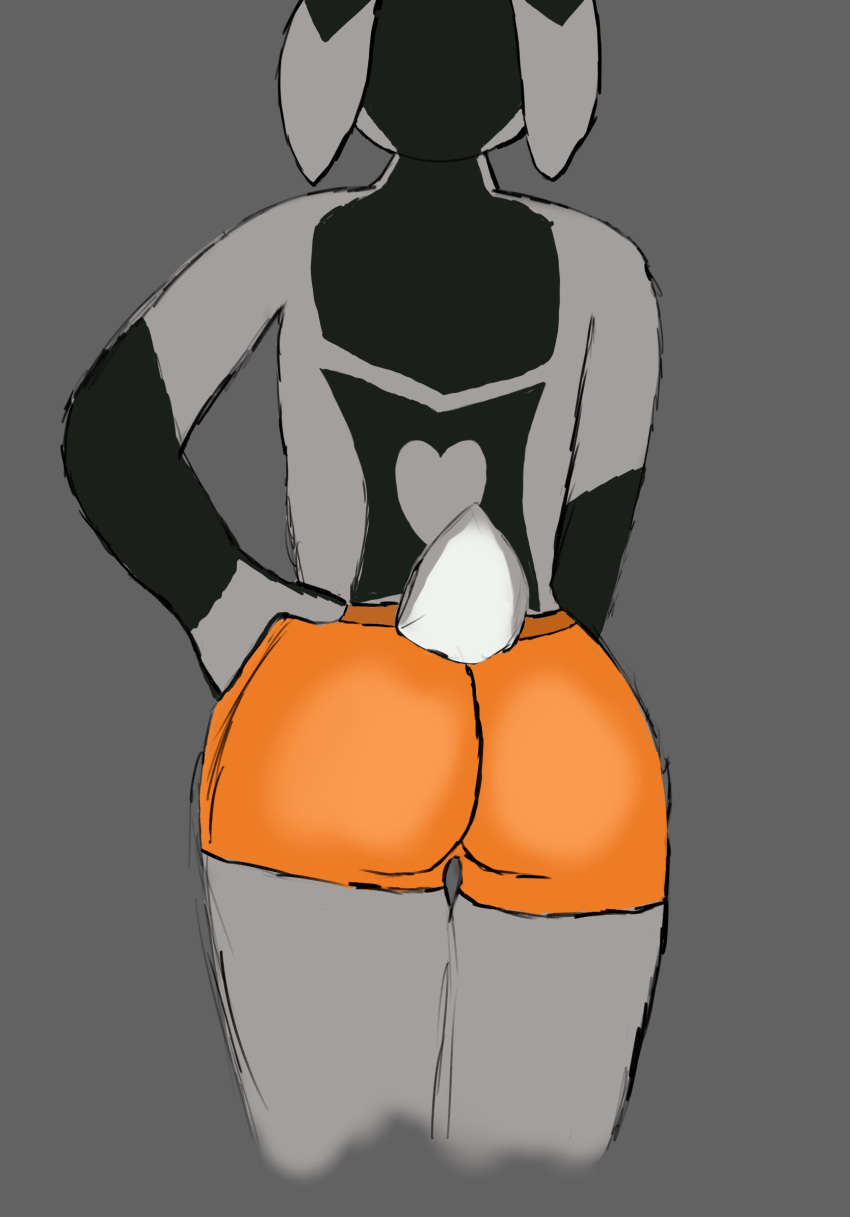 anonymous_artist anthro butt butt_focus clothed clothing ears_down fur fur_markings girly grey_body grey_fur hand_on_hip hi_res hooters_uniform hybrid male mammal markings minikane pivoted_ears rear_view simple_background solo standing thick_thighs thigh_gap