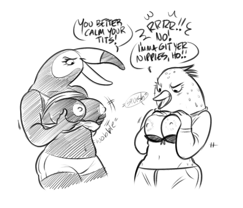 2019 anthro avian beak bertie_(tuca_and_bertie) bird black_and_white bottomwear bra bra_down breast_jiggle breasts clothed clothing dangusta dialogue duo english_text exposed_breasts female hand_on_breast hi_res holding_breast jiggling monochrome netflix nipples oscine partially_clothed passerine shorts sketch text thrush_(bird) toucan tuca_(tuca_and_bertie) tuca_and_bertie underwear