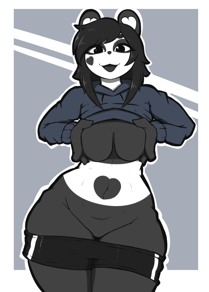 &lt;3 absurd_res anthro bottomwear bottomwear_down breasts clothed clothing conditional_dnp featureless_breasts female giant_panda hi_res kenny_(kenashcorp) looking_at_viewer mammal open_mouth pants pants_down partially_clothed quin-nsfw shorts shorts_down smile smiling_at_viewer solo ursid
