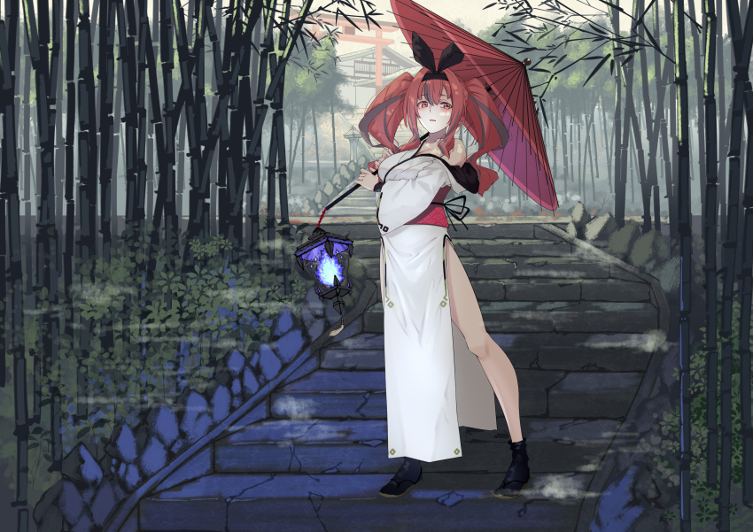 1girl absurdres alternate_costume architecture azur_lane bamboo bamboo_forest bangs black_hairband black_legwear black_ribbon breasts bremerton_(azur_lane) building chinese_commentary cleavage collarbone commentary_request day east_asian_architecture eyebrows_visible_through_hair forest full_body grey_hair hair_between_eyes hair_intakes hair_ornament hairband highres holding holding_umbrella japanese_clothes kimono lantern large_breasts long_hair long_sleeves mile_miluo mole mole_under_eye multicolored_hair nature obi off_shoulder oil-paper_umbrella outdoors parted_lips pink_eyes pink_hair ribbon sandals sash shadow side_slit sidelocks single_bare_shoulder solo stairs standing streaked_hair tabi torii twintails two-tone_hair umbrella white_kimono wide_sleeves