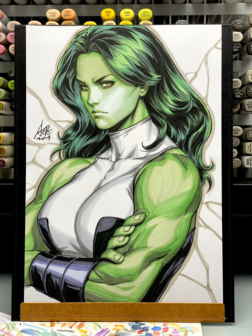 1girl 2019 angry bare_shoulders breasts closed_mouth colored_skin commentary crossed_arms english_commentary green_hair green_skin highres large_breasts leotard long_hair looking_at_viewer marker_(medium) marvel muscular muscular_female photo_(medium) she-hulk signature simple_background sleeveless solo stanley_lau taut_clothes taut_leotard traditional_media v-shaped_eyebrows white_background