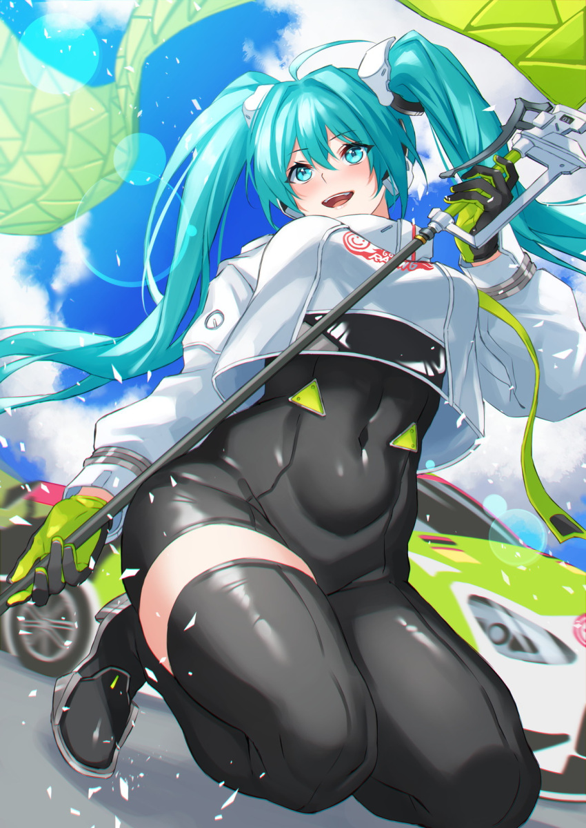 1girl aqua_hair bodysuit commentary_request covered_navel crop_top flag flagpole goodsmile_racing hatsune_miku highres inue_ao navel pole race_queen race_vehicle racecar racing_miku racing_miku_(2022) tagme thighhighs thighs twintails vocaloid