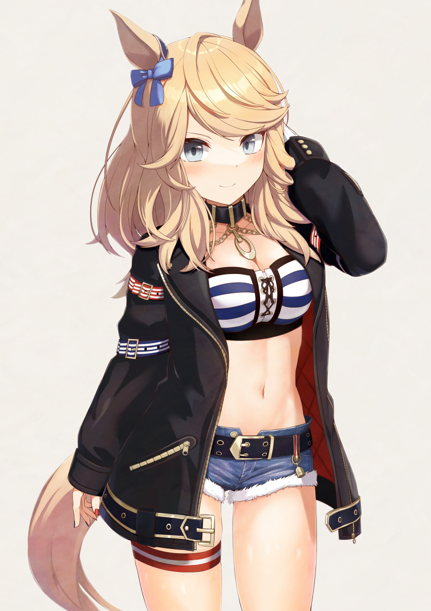 1girl absurdres animal_ears arm_up bandeau bangs belt black_belt black_choker blonde_hair blue_eyes blue_nails blush bow breasts chain choker cleavage closed_mouth collarbone commentary cowboy_shot cutoffs denim denim_shorts ear_bow ear_covers ear_ornament eyebrows_behind_hair gloves gold_chain gold_city_(umamusume) groin haiyuki_yuki highres horse_ears horse_girl horse_tail jacket long_hair long_sleeves looking_at_viewer medium_breasts midriff multicolored_nails navel open_clothes open_jacket red_nails shorts sidelocks simple_background single_ear_cover single_glove skindentation smile solo standing striped_bandeau swept_bangs tail thigh_strap umamusume white_background white_gloves