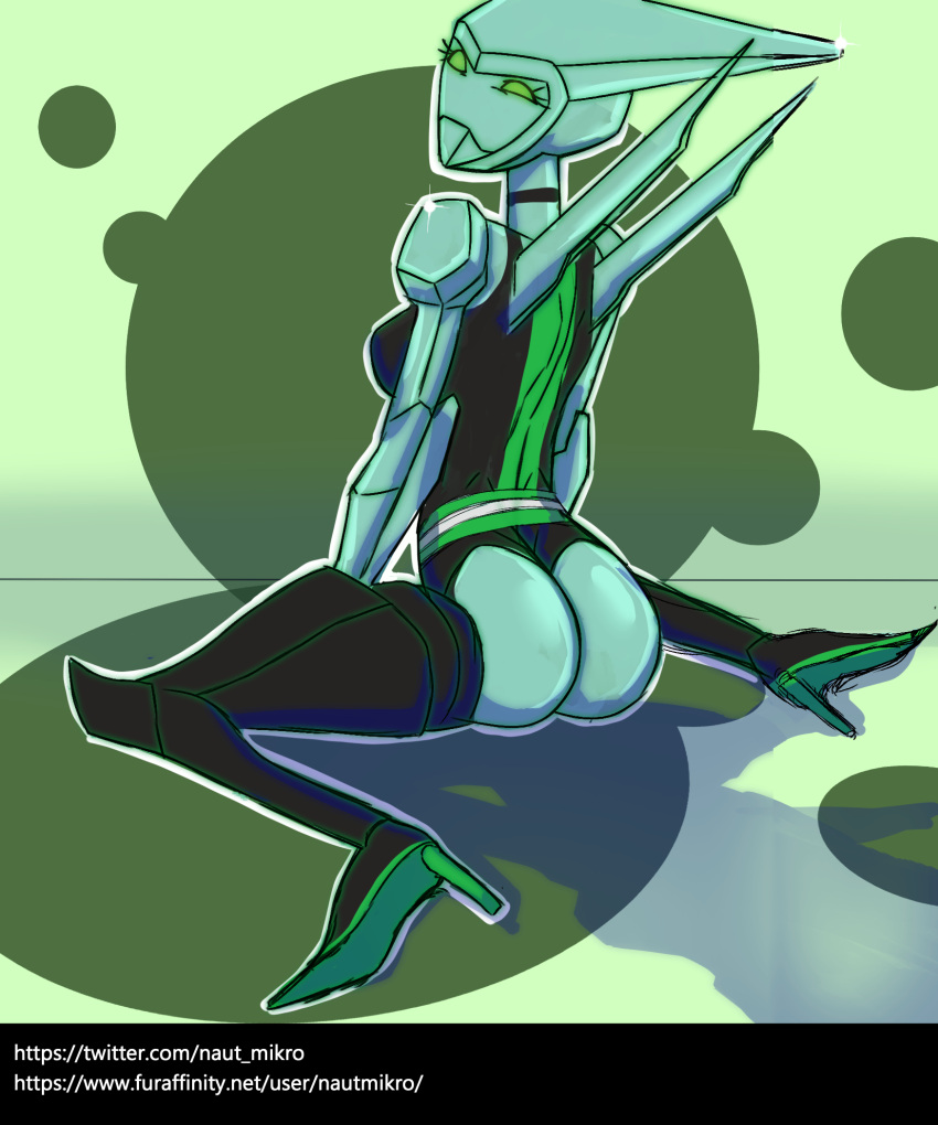 alien alien_humanoid anthro ben_10 ben_tennyson big_butt blue_body breasts butt butt_pose cartoon_network choker crossgender diamondhead elemental_creature elemental_humanoid eyelashes female gradient_background green_background green_eyes hi_res high_heels humanoid jewelry mineral_fauna mineral_humanoid naut_mikro necklace not_furry petrosapien pose simple_background solo