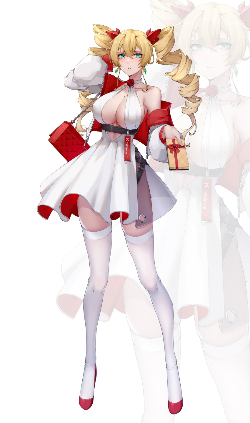 1girl absurdres aqua_eyes bare_shoulders blonde_hair breasts claire_harvey cropped_jacket dress drill_hair earrings hair_between_eyes highres huge_breasts hundred jewelry long_hair long_sleeves red_footwear sleeveless sleeveless_dress thighhighs twin_drills white_dress white_legwear wsfw zoom_layer