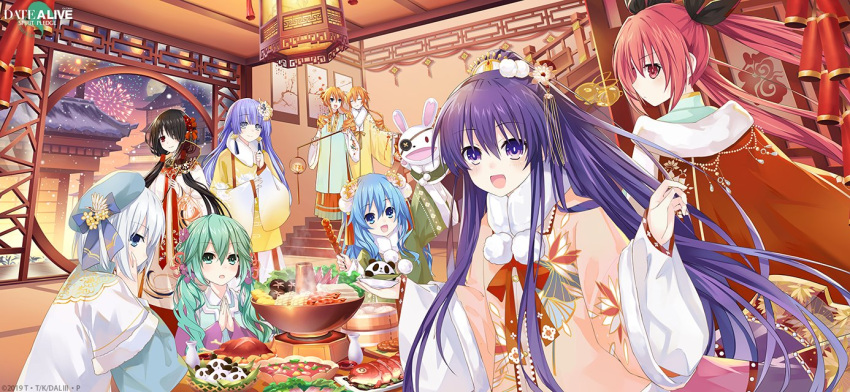 6+girls black_hair blonde_hair blue_eyes blue_hair closed_mouth date_a_live date_a_live:_spirit_pledge eyebrows_visible_through_hair fireworks food green_eyes green_hair grey_eyes hair_ornament heterochromia indoors itsuka_kotori izayoi_miku light_purple_hair long_hair looking_at_viewer multiple_girls natsumi_(date_a_live) official_art open_mouth purple_eyes purple_hair red_eyes red_hair silver_hair smile tobiichi_origami tokisaki_kurumi twintails yamai_kaguya yamai_yuzuru yatogami_tooka yellow_eyes yoshino_(date_a_live) yoshinon