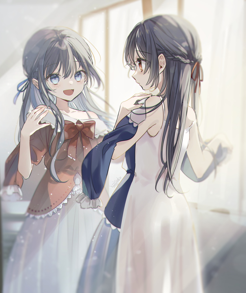 2girls :d absurdres bangs bare_arms bare_shoulders black_hair blue_dress blue_eyes blue_ribbon blush braid closed_mouth commentary_request curtains different_reflection dress dress_removed eyebrows_visible_through_hair hair_between_eyes hair_ribbon highres holding holding_clothes holding_dress indoors long_hair long_sleeves mirror multiple_girls original profile red_dress red_eyes red_ribbon reflection ribbon sake_(utopia_modoki) siblings sisters sleeveless sleeveless_dress smile strap_slip twins very_long_hair white_dress