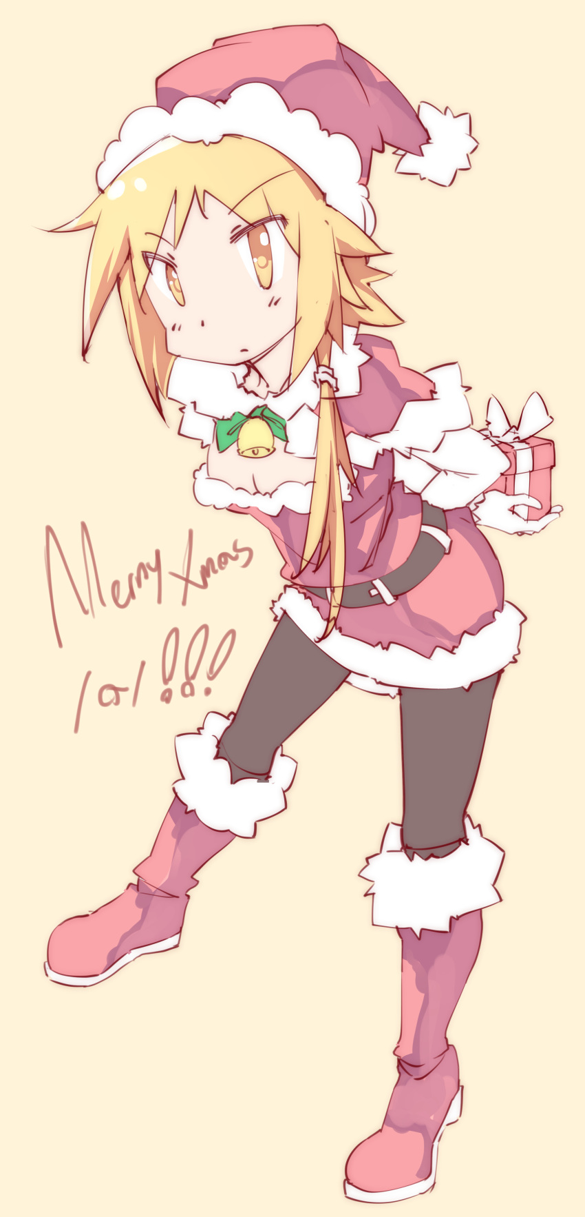 1girl absurdres black_legwear blonde_hair boots breasts cleavage eyebrows_visible_through_hair hat highres ichii_yui knee_boots long_hair looking_at_viewer majormilk merry_christmas pantyhose red_footwear red_headwear santa_costume santa_hat small_breasts solo yellow_eyes yuyushiki