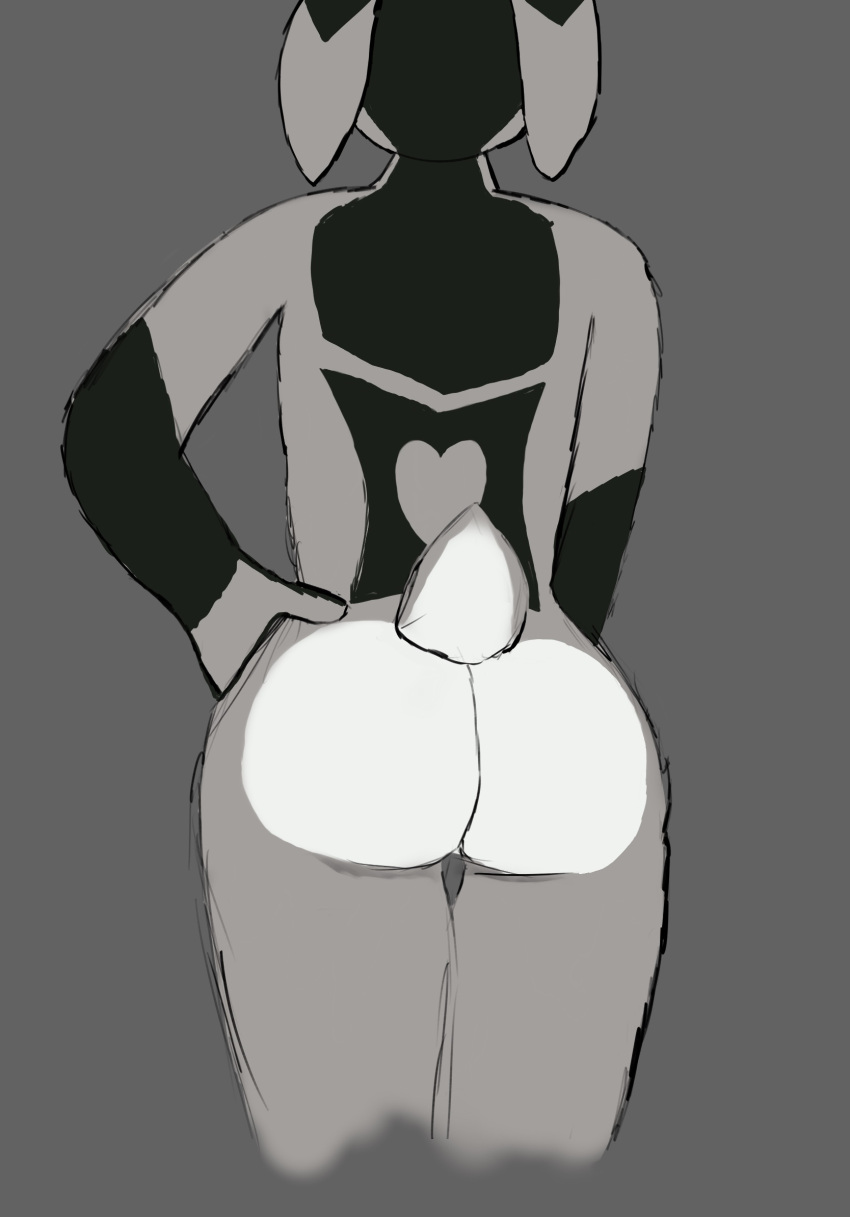 anonymous_artist anthro butt butt_focus digital_media_(artwork) fur fur_markings grey_body grey_fur hand_on_hip hi_res hybrid male mammal markings minikane pivoted_ears simple_background solo standing