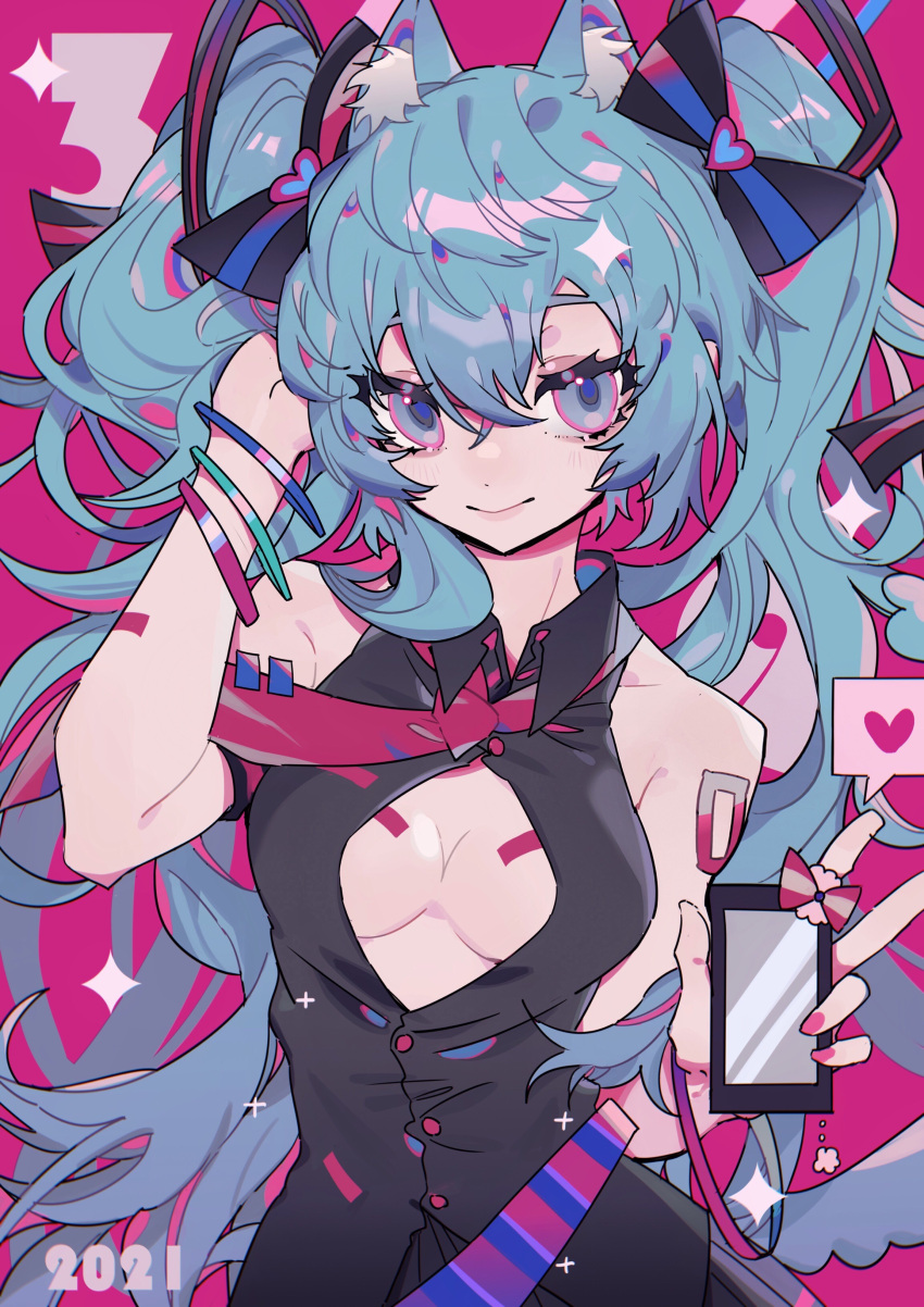 1girl absurdres arm_tattoo bare_arms belt black_bow black_shirt blue_eyes blue_hair bow bracelet breasts cellphone cleavage closed_mouth collared_shirt commentary_request hair_bow hand_up hatsune_miku heart highres holding holding_phone jewelry long_hair looking_at_viewer medium_breasts necktie partially_unbuttoned phone pink_background purple_necktie shirt simple_background sleeveless sleeveless_shirt smartphone smile solo taowu_(20809) tattoo twintails upper_body vocaloid