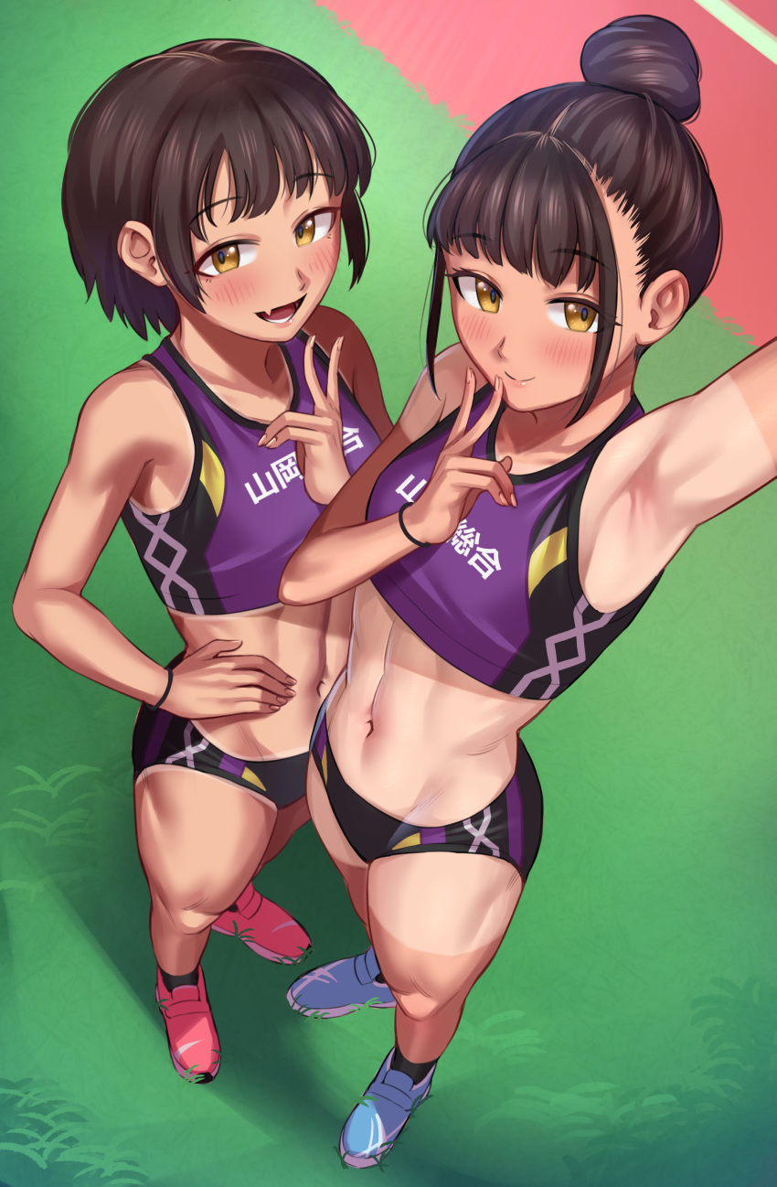 2girls :d absurdres arm_up armpits bangs bikini bikini_tan black_bikini blue_footwear blush breasts brown_hair day eyebrows_visible_through_hair fang fingernails foreshortening from_above grass hair_bun hand_up highres looking_at_viewer multicolored_bikini multicolored_clothes multiple_girls navel open_mouth original outdoors purple_bikini red_footwear running_track shoes short_hair side-by-side sidelocks skin_fang small_breasts smile sneakers sports_bikini standing swimsuit tan tanlines toin_(koto54576897) track_and_field v wristband yellow_eyes