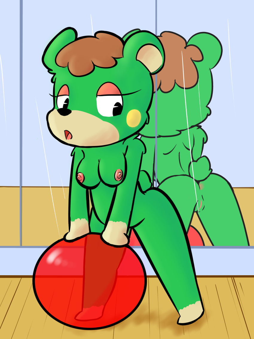 2018 afterdark-sketches animal_crossing anthro anus ball balls bear_tail black_eyes black_nose bouncing_balls breasts brown_hair charlise_(animal_crossing) detailed_background exercise exercise_ball eyelashes female floor fur genitals green_body green_fur gym hair hi_res looking_back mammal medium_breasts mirror nintendo nipples nude open_mouth pink_nipples pose pussy reflection solo ursid video_games white_body white_fur wood_floor yellow_body yellow_fur