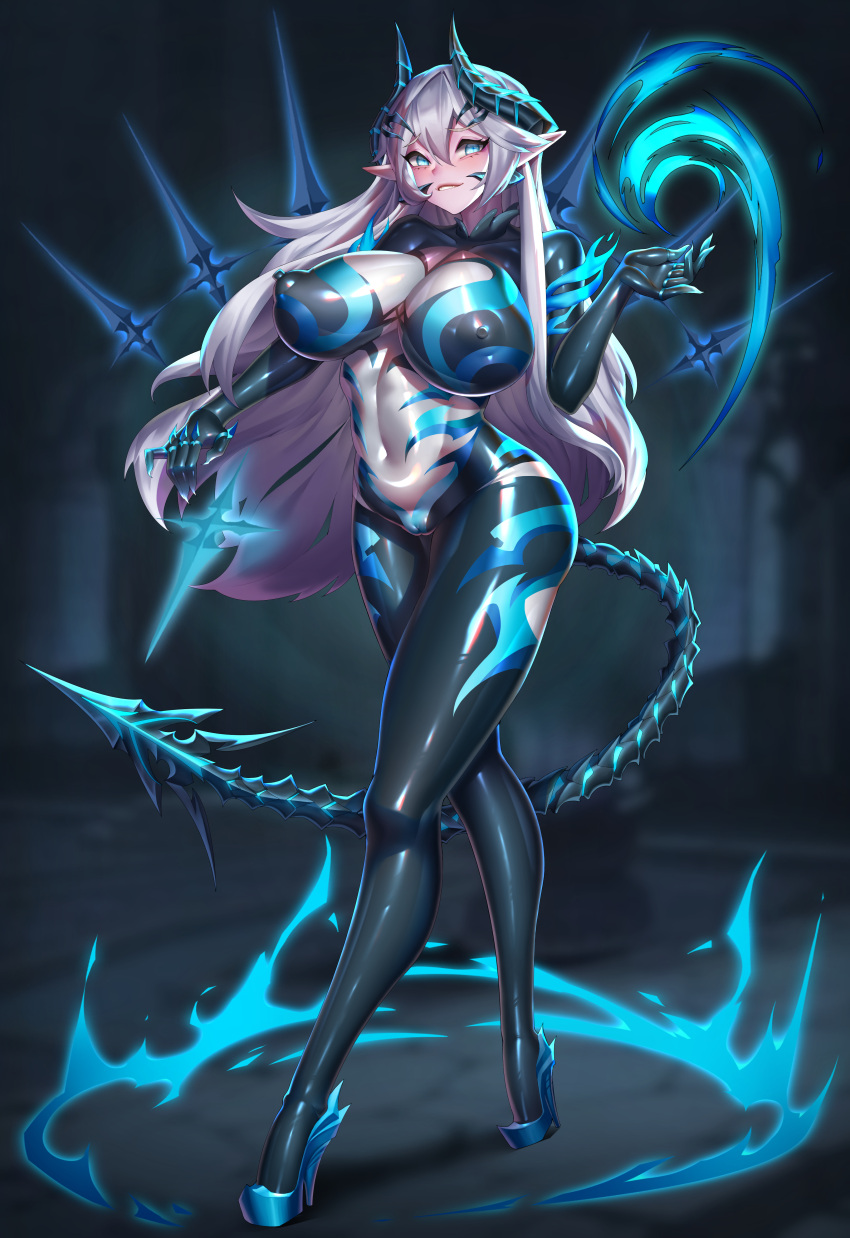 1girl absurdres blue_eyes blue_horns bodysuit breasts chinese_commentary commentary_request commission corruption covered_nipples elsword highres horns large_breasts latex latex_bodysuit long_hair luciela_r._sourcream niur second-party_source silver_hair skin_tight solo tail