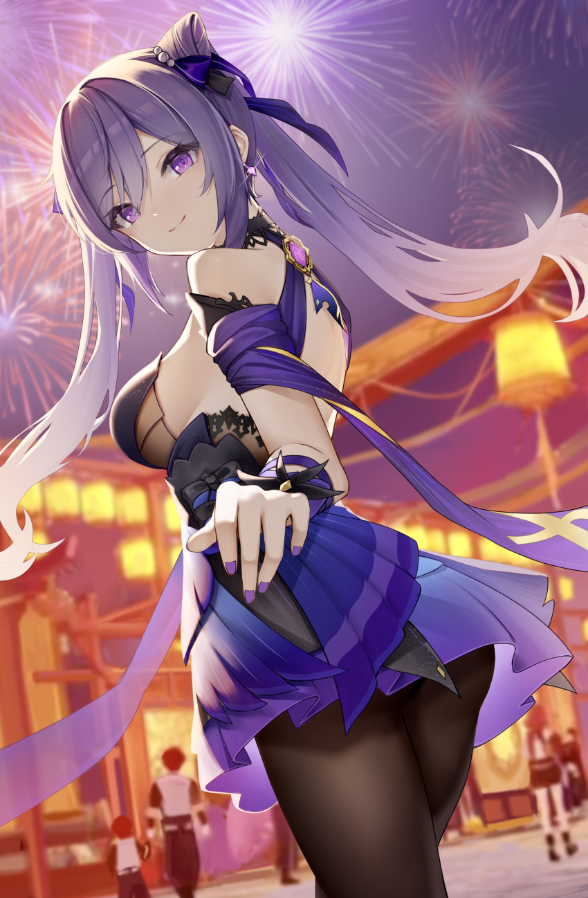 1girl absurdres backless_dress backless_outfit bare_shoulders black_dress blue_dress blush breasts brown_legwear double_bun dress earrings fireworks frilled_dress frilled_skirt frills genshin_impact hair_bun hair_ornament highres jewelry keqing_(genshin_impact) lantern lantern_festival looking_at_viewer medium_breasts multicolored_clothes multicolored_dress nail_polish night night_sky outstretched_hand pantyhose paper_lantern purple_eyes purple_hair purple_nails reaching_out sideboob skirt sky sky_lantern terebi_(shimizu1996) twintails vision_(genshin_impact)