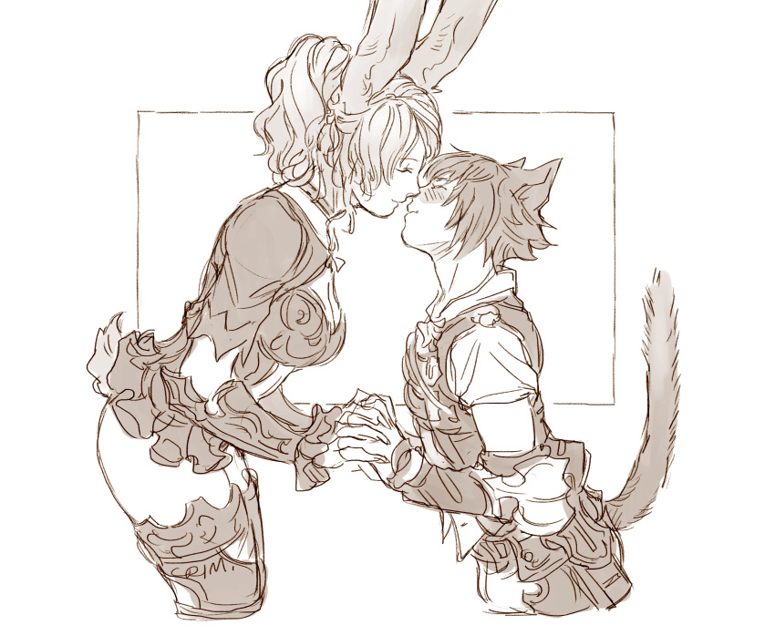 1boy 1girl absurdres alternate_costume alternate_universe animal_ears cat_ears cat_tail couple crimson_sun cropped_legs final_fantasy final_fantasy_xiv final_fantasy_xv greyscale highres holding_hands imminent_kiss lunafreya_nox_fleuret miqo'te monochrome noctis_lucis_caelum official_alternate_costume ponytail rabbit_ears rabbit_tail tail viera