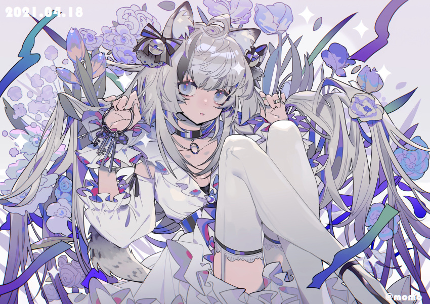 1girl absurdres animal_ears bell black_bow black_choker blue_eyes blue_flower bow breasts choker cleavage collarbone commentary dated dress feet_out_of_frame flower frilled_dress frills grey_background grey_hair hair_bell hair_bow hair_ornament hands_up highres holding holding_key jewelry key long_hair long_sleeves looking_at_viewer multiple_rings original parted_lips purple_flower ring sitting solo symbol-only_commentary tail taowu_(20809) thighhighs white_dress white_legwear wolf_ears wolf_tail wrist_cuffs