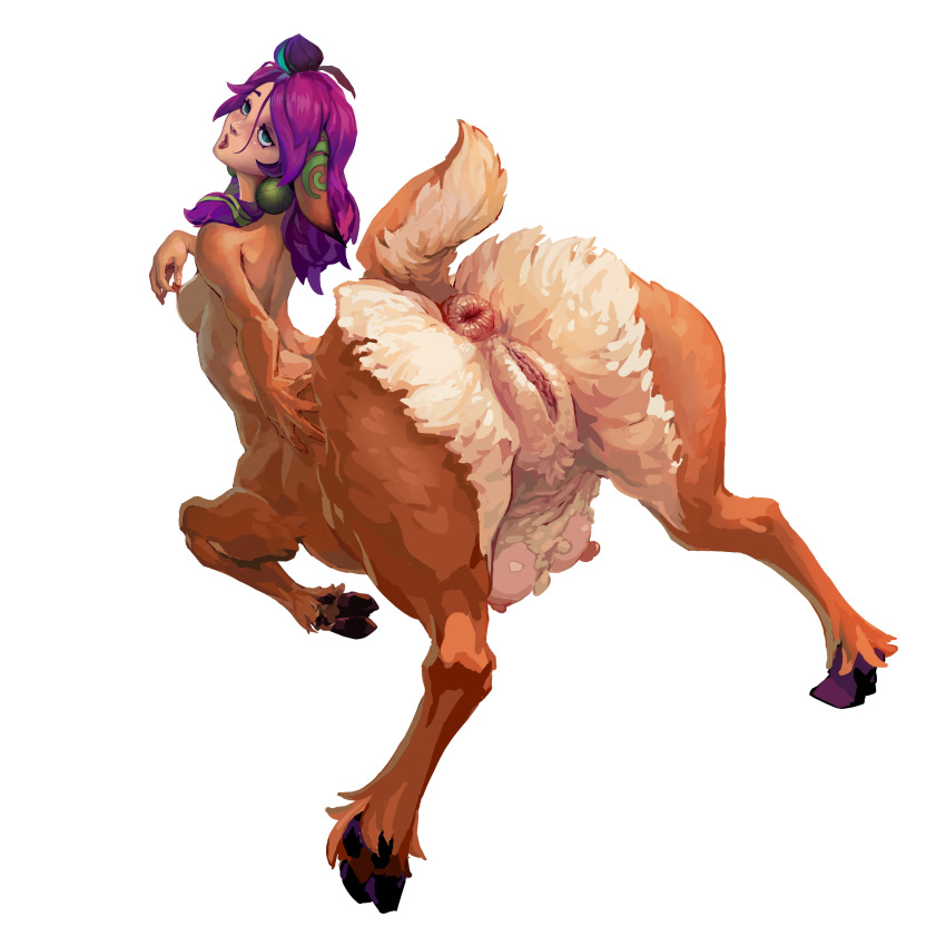 2022 absurd_res anus breasts brown_body brown_fur cervid cervid_taur cloven_hooves female full-length_portrait fur genitals hair hbdhl hi_res hooves league_of_legends lillia_(lol) mammal mammal_taur nude portrait puffy_anus purple_hair pussy rear_view riot_games simple_background solo taur teats video_games white_background