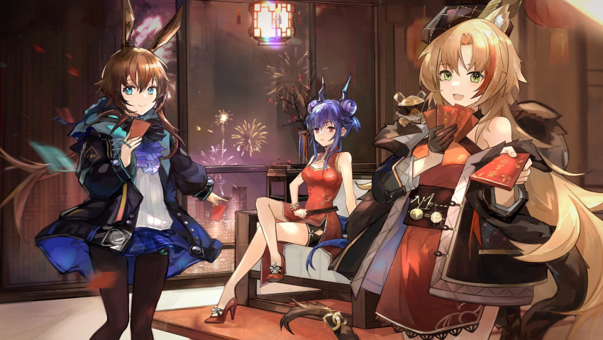 3girls absurdres aerial_fireworks amiya_(arknights) animal_ear_fluff animal_ears animal_on_shoulder arknights bangs bare_shoulders black_gloves black_headwear black_jacket black_legwear black_shorts blonde_hair blue_eyes blue_skirt card ch'en_(arknights) china_dress chinese_clothes closed_fan closed_mouth commentary_request crossed_legs double_bun dress eyebrows_visible_through_hair fang feet_out_of_frame fireworks folding_fan gloves green_eyes hair_between_eyes half_gloves hand_fan high_heels highres holding holding_card holding_fan indoors jacket long_hair long_sleeves low_ponytail multicolored_hair multiple_girls night off_shoulder open_clothes open_jacket pantyhose parted_bangs parted_lips ponytail puffy_long_sleeves puffy_sleeves purple_hair qianzhu rabbit_ears red_dress red_footwear red_hair shirt shoes short_shorts shorts shorts_under_dress single_glove sitting skirt sleeveless sleeveless_dress standing streaked_hair sunglasses swire_(arknights) tail tilted_headwear very_long_hair white_shirt