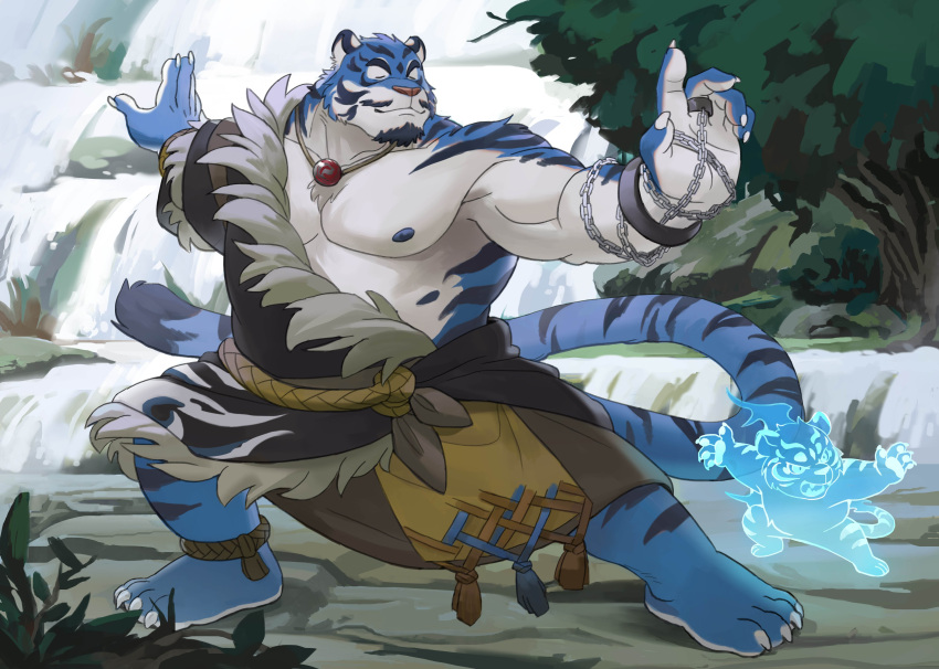 2022 absurd_res anthro blue_body clothed clothing detailed_background eyes_closed felid hi_res humanoid_hands huynhduyad14 male mammal musclegut nipples outside pantherine solo tiger waterfall white_body