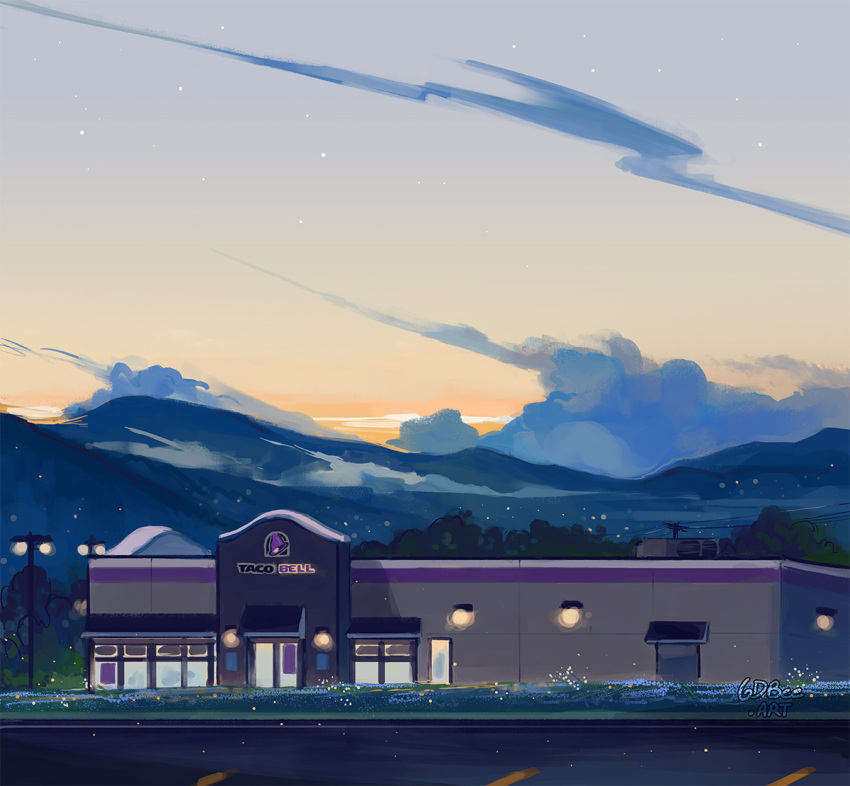 artist_name building cloud commentary english_commentary geneva_bowers lamppost mountain no_humans original outdoors parking_lot scenery star_(sky) sunset taco_bell tree utility_pole watermark