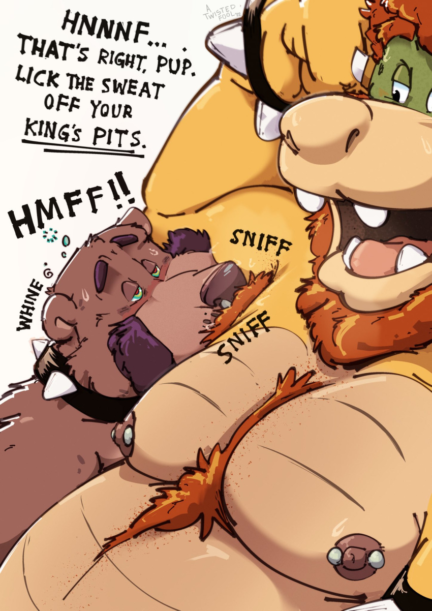 2022 anthro anthro_on_anthro armpit_fetish armpit_hair armpit_sniffing atwistedfool beard belly blush bodily_fluids body_hair bowser chest_hair collar dialogue duo english_text eyebrows facial_hair fur hair hi_res horn koopa looking_at_another male male/male mammal mario_bros moobs musk narrowed_eyes nintendo nipple_piercing nipples non-mammal_nipples nude open_mouth open_smile overweight overweight_anthro overweight_male piercing scalie simple_background smile sniffing spiked_collar spikes sweat teeth text tongue tuft ursid video_games white_background