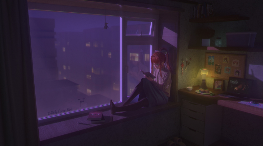 1girl absurdres book brown_hair doki_doki_literature_club green_eyes highres medium_hair monika_(doki_doki_literature_club) night reading room scenery sitting solo window windowsill