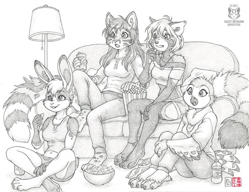 2022 ailurid anklet anthro avian barefoot beverage bird bottomwear breasts buckteeth cheek_tuft claws clothing crossed_legs facial_tuft feet felid feline female food fur furniture gloves_(marking) graphite_(artwork) greyscale group holding_beverage holding_object inner_ear_fluff jewelry kacey kacey_(kacey) lagomorph lamp leporid mammal markings meiying midriff monochrome navel neck_tuft non-mammal_breasts on_sofa open_mouth owl pants pencil_(artwork) pendant popcorn rabbit red_panda ring_(marking) ringtail serval shirt shorts sitting smile snacks sofa spots spotted_body spotted_fur tail_markings teeth toe_claws topwear traditional_media_(artwork) tuft water_bottle wide_eyed winged_arms wings