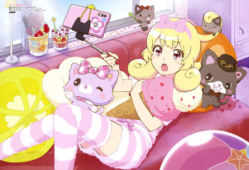 1girl :o absurdres artist_name ball blonde_hair blush bow cellphone closet couch curly_hair curtains day food food_on_face fruit furuki_mai goggles goggles_on_headwear hagi_(mewkledreamy) hairband hat highres hinata_yume holding holding_spoon holding_stuffed_toy ice_cream_cone indoors lying mew_(mewkledreamy) mewkledreamy official_art on_back on_couch open_mouth open_window pajamas parfait phone pillow pink_bow pink_eyes pink_hairband plaid plaid_bow raised_eyebrows selfie selfie_stick smartphone spoon star_(symbol) star_in_eye strawberry strawberry_parfait striped striped_legwear striped_pajamas stuffed_animal stuffed_cat stuffed_toy symbol_in_eye taking_picture thighhighs tsugi_(mewkledreamy) wind window yuni_(mewkledreamy)