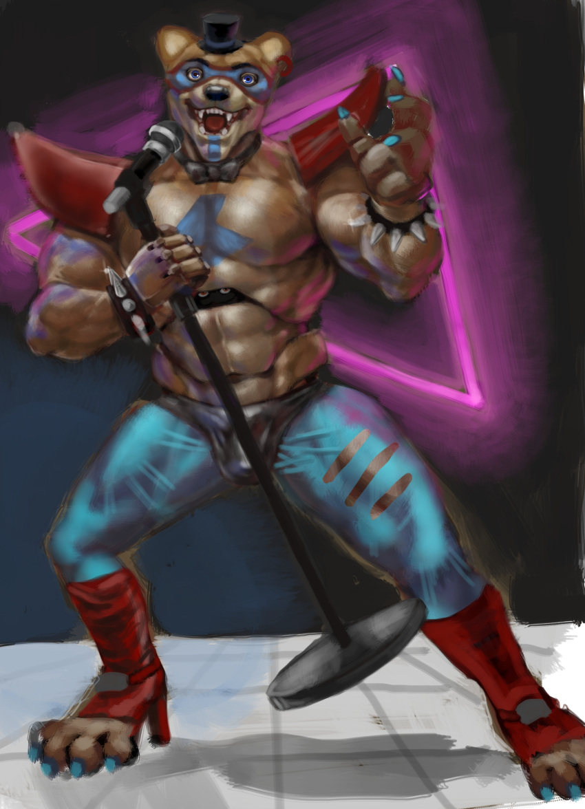 abs absurd_res alderaie animal_humanoid animatronic anthro bisexual_lighting bodypaint bow_tie clothing colored_nails ear_piercing ear_ring five_nights_at_freddy's five_nights_at_freddy's:_security_breach freddy_(fnaf) glamrock_freddy_(fnaf) hat headgear headwear hi_res high_heels humanoid leather leather_clothing legwear machine male mammal mammal_humanoid microphone muscular muscular_anthro muscular_male nails neon_lights open_mouth piercing robot robot_humanoid robotic scottgames shirtless shoulder_pads singing solo solo_focus stage stage_lights studded_bracelet tight_clothing tights top_hat torn_clothing ursid ursid_humanoid video_games