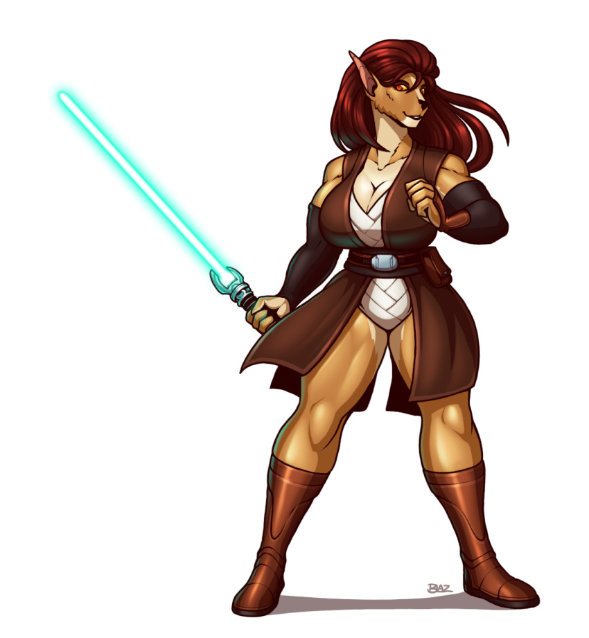 2020 alien anthro big_breasts blazbaros bothan breasts canid clothed clothing felid female hair hi_res lightsaber long_hair mammal melee_weapon muscular muscular_female muscular_thighs simple_background solo star_wars thick_thighs weapon