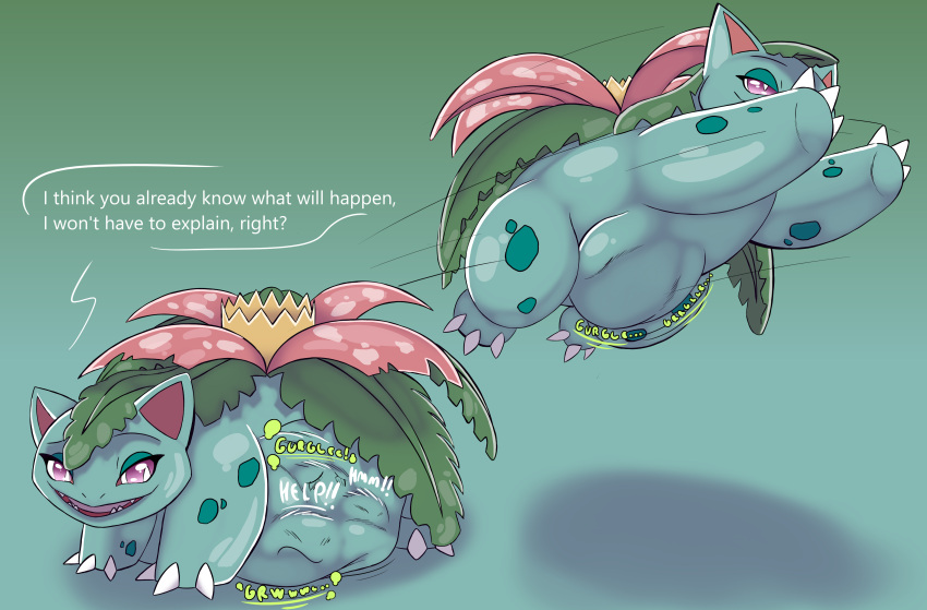 absurd_res after_vore amphibian belly big_belly digestion female feral frog half-closed_eyes hi_res hyper hyper_belly justwhite larger_female larger_pred narrowed_eyes nintendo pok&eacute;mon pok&eacute;mon_(species) size_difference smaller_prey smile smirk solo thick_thighs venusaur video_games vore