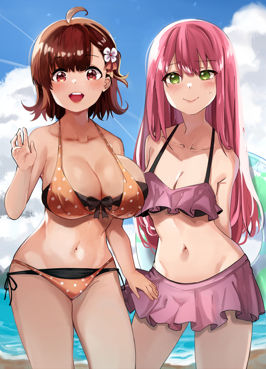 ayana_(liberty_manurung) bangs beach bikini blue_sky borrowed_character breasts brown_eyes brown_hair cleavage cloud cloudy_sky cowboy_shot eyebrows_visible_through_hair flower frilled_bikini frills green_eyes hair_flower hair_ornament hand_up highres innertube large_breasts liberty_manurung long_hair medium_breasts melissa_renata multi-strapped_bikini navel orange_bikini original outdoors pink_bikini pink_hair polka_dot polka_dot_bikini shadow short_hair sky swimsuit tan white_flower