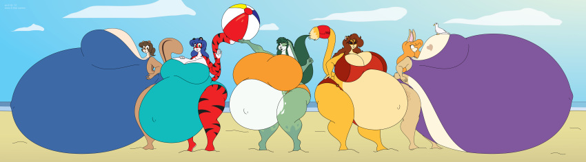 2013 absurd_res accessory anthro avian ball beach beach_ball belly big_belly big_breasts bikini bird blonde_hair blue_hair breasts brown_hair chipmunk clothing cloud digital_media_(artwork) felid female fur furgonomics green_body green_fur green_hair ground_squirrel group gull hair hi_res huge_breasts hyper hyper_belly hyper_breasts inflatable jewelry kathy_(danellz) lagomorph lari larid leporid lion mammal multicolored_body multicolored_fur navel outie_navel pantherine piaaru pregnant rabbit red_body red_fur ring rodent sand satsumalord sciurid seaside stripes swimwear tail_accessory tail_jewelry tail_ring terry_(satsumalord) thick_thighs tiger two_tone_body two_tone_fur unknown_species vanessa_love water white_body white_fur wide_hips zephra_(character)