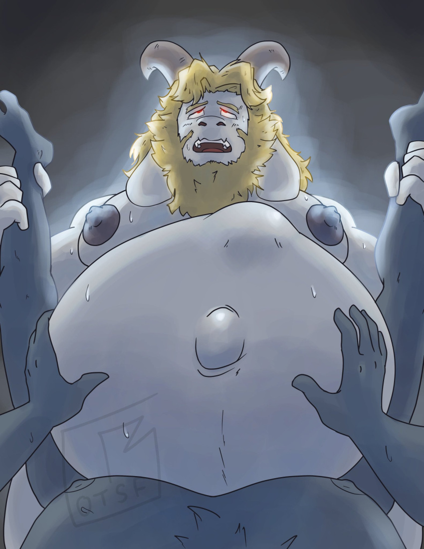 ambiguous_gender anthro asgore_dreemurr baby_bump big_nipples boss_monster bovid caprine first_person_view glowing glowing_eyes goat hi_res horn legs_up male male/ambiguous mammal moobs navel nipples outie_navel penetration petting_belly pregnant pregnant_male randomgirl1265 undertale undertale_(series) video_games