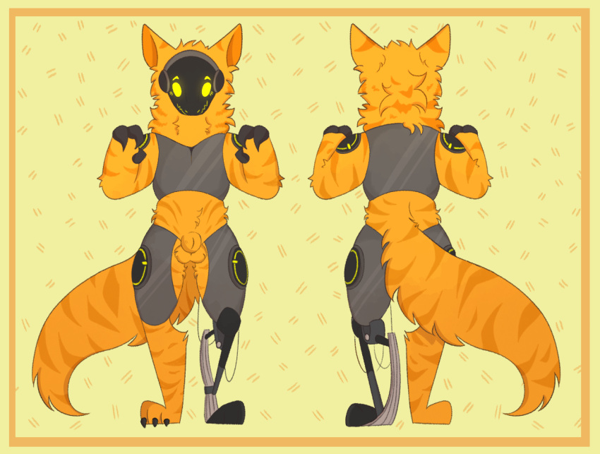 animal_genitalia anthro balls chibi fully_sheathed fur genitals machine male model_sheet orange_body orange_fur prosthetic prosthetic_limb protogen quest_(xenoyia) sheath solo whitefrog725