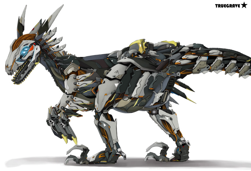 2022 ambiguous_gender blue_eyes claws digital_media_(artwork) dinosaur feral hi_res horizon_forbidden_west looking_at_viewer machine mecha reptile robot scalie simple_background solo standing truegrave9 white_background