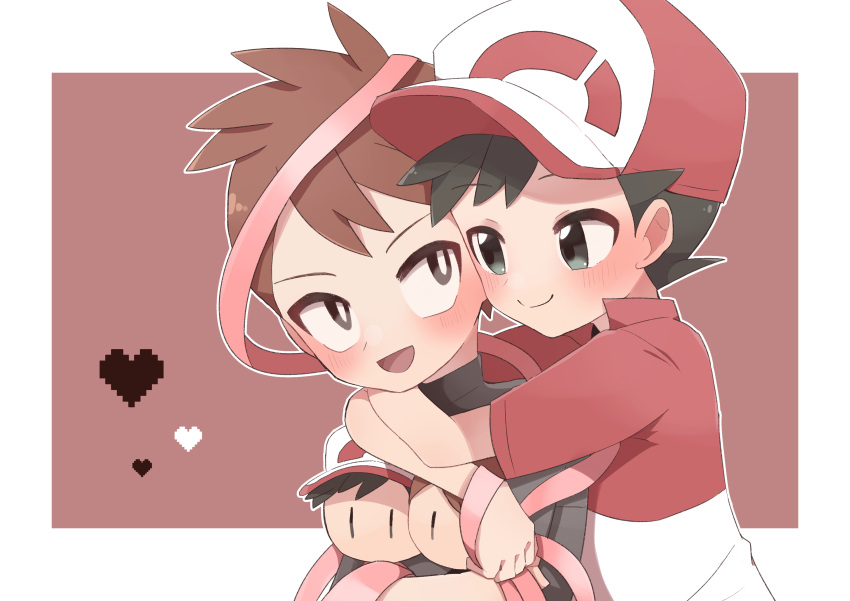 2boys :d absurdres bangs baseball_cap blush border brown_background brown_eyes brown_hair character_doll chase_(pokemon) closed_mouth commentary_request hachi_(hachi_sin) happy hat heart highres hug hug_from_behind male_focus multiple_boys open_mouth pokemon pokemon_(game) pokemon_lgpe red_headwear red_shirt shirt short_hair short_sleeves smile spiked_hair tongue trace_(pokemon) white_border yaoi