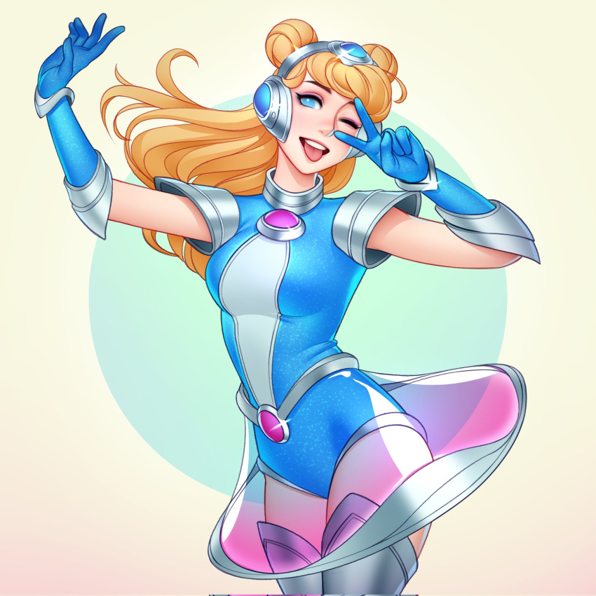1girl arm_up armor bangs blonde_hair blue_background blue_gloves blue_leotard boots breasts commentary cowboy_shot double_bun dress floating_hair gloves hand_up headgear highres large_breasts league_of_legends leotard long_hair looking_at_viewer lux_(league_of_legends) one_eye_closed open_mouth pink_eyes purple_gloves see-through shiny shoulder_armor smile solo space_groove_lux teeth thigh_boots thighhighs tongue tongue_out tsuaii upper_teeth v white_background white_leotard
