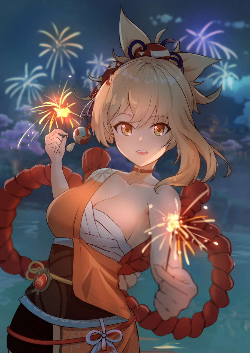 1girl absurdres aerial_fireworks bandaged_arm bandages bangs blonde_hair breasts chest_sarashi choker cloud cloudy_sky collarbone commentary_request dutch_angle eyebrows_visible_through_hair eyeliner fireworks fish_hair_ornament foreshortening genshin_impact giving hadanugi_dousa hair_between_eyes hair_ornament highres holding_fireworks incoming_sparkler japanese_clothes kimono kong_ting looking_at_viewer makeup medium_breasts night night_sky obi open_mouth orange_eyes orange_kimono outdoors ponytail red_choker rope sarashi sash shimenawa sky smile solo sparkler tied_hair upper_body vision_(genshin_impact) water yoimiya_(genshin_impact)