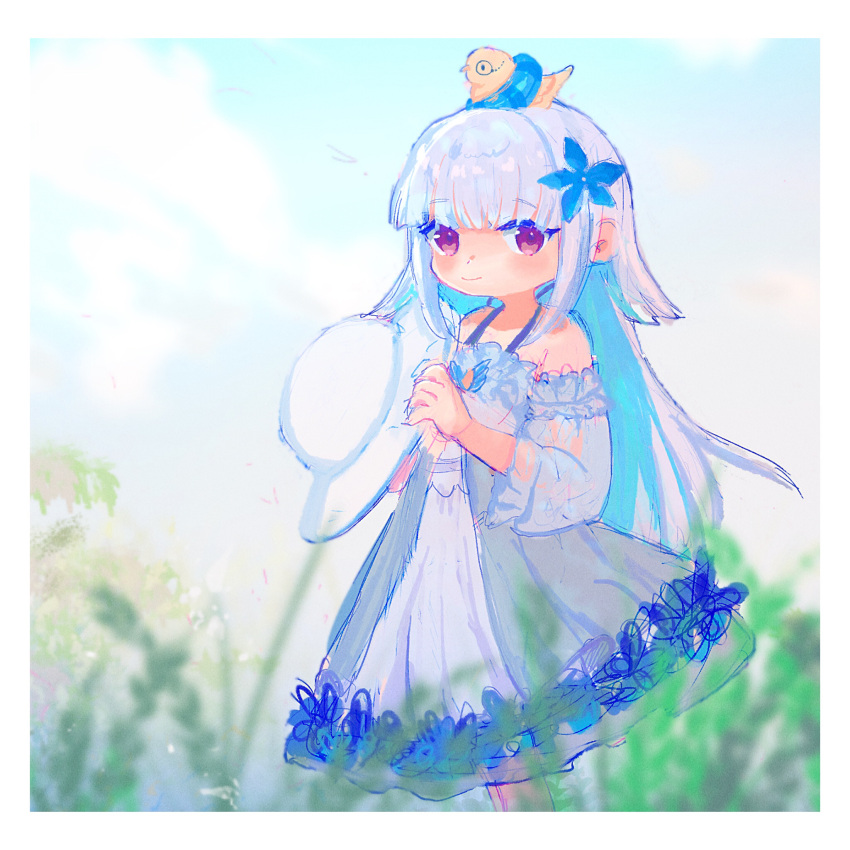 1girl animal animal_on_head bangs bare_shoulders bird blue_flower blue_hair blue_sky blurry blurry_foreground chibi chick closed_mouth cloud cloudy_sky day depth_of_field dress eyebrows_visible_through_hair flower hair_flower hair_ornament hat hat_removed headwear_removed highres holding holding_clothes holding_hat kiduta_cielo lize_helesta long_hair long_sleeves looking_at_viewer multicolored_hair nijisanji off-shoulder_dress off_shoulder on_head outdoors red_eyes sebastian_piyodore silver_hair sky smile sun_hat two-tone_hair very_long_hair virtual_youtuber white_headwear