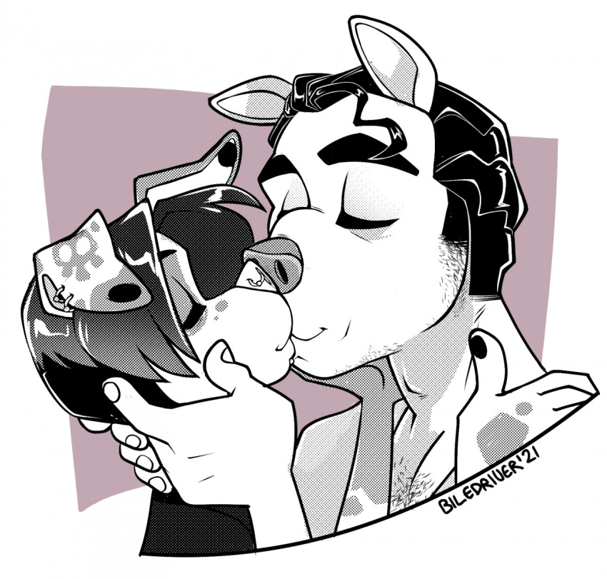 anthro black_and_white body_hair cadaverrdog canid canine canis caress caressing_face chest_hair dalmatian domestic_dog duo ear_piercing ear_ring facial_hair facial_piercing hi_res hooch_(cadaverrdog) kissing luca_(cadaverrdog) male male/male mammal markings monochrome nose_piercing nose_ring piercing romantic romantic_couple sideburns simple_background skull_(marking) stubble