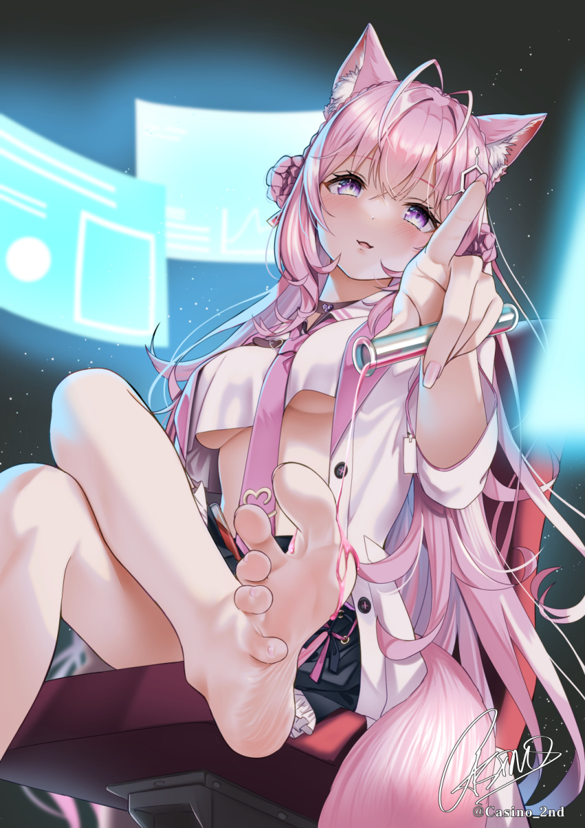 1girl animal_ear_fluff bare_legs barefoot braid braided_bun casino_(casinoep) chemical_structure coyote_ears coyote_girl crown_braid feet greek_toe hakui_koyori highres holding holding_test_tube hololive holox labcoat looking_at_viewer necktie pink_necktie pocket_watch soles striped_horns test_tube toes virtual_youtuber watch