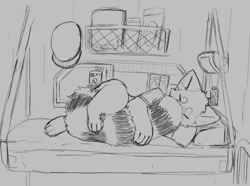 ailurid bed cabin diaper furniture hi_res inside male mammal red_panda sketch sleeping solo tail_hugging tropojet