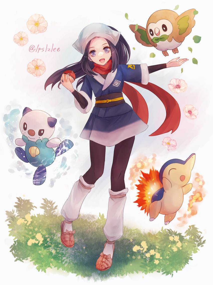 1girl :d akari_(pokemon) black_hair blue_jacket brown_legwear byuura_(sonofelice) commentary_request cyndaquil eyelashes full_body grey_eyes head_scarf highres holding holding_poke_ball jacket leaves_in_wind long_hair loose_socks open_mouth oshawott outstretched_arm pantyhose poke_ball poke_ball_(legends) pokemon pokemon_(creature) pokemon_(game) pokemon_legends:_arceus ponytail red_scarf rowlet scarf shirt shoes sidelocks skirt smile standing starter_pokemon_trio tongue white_headwear